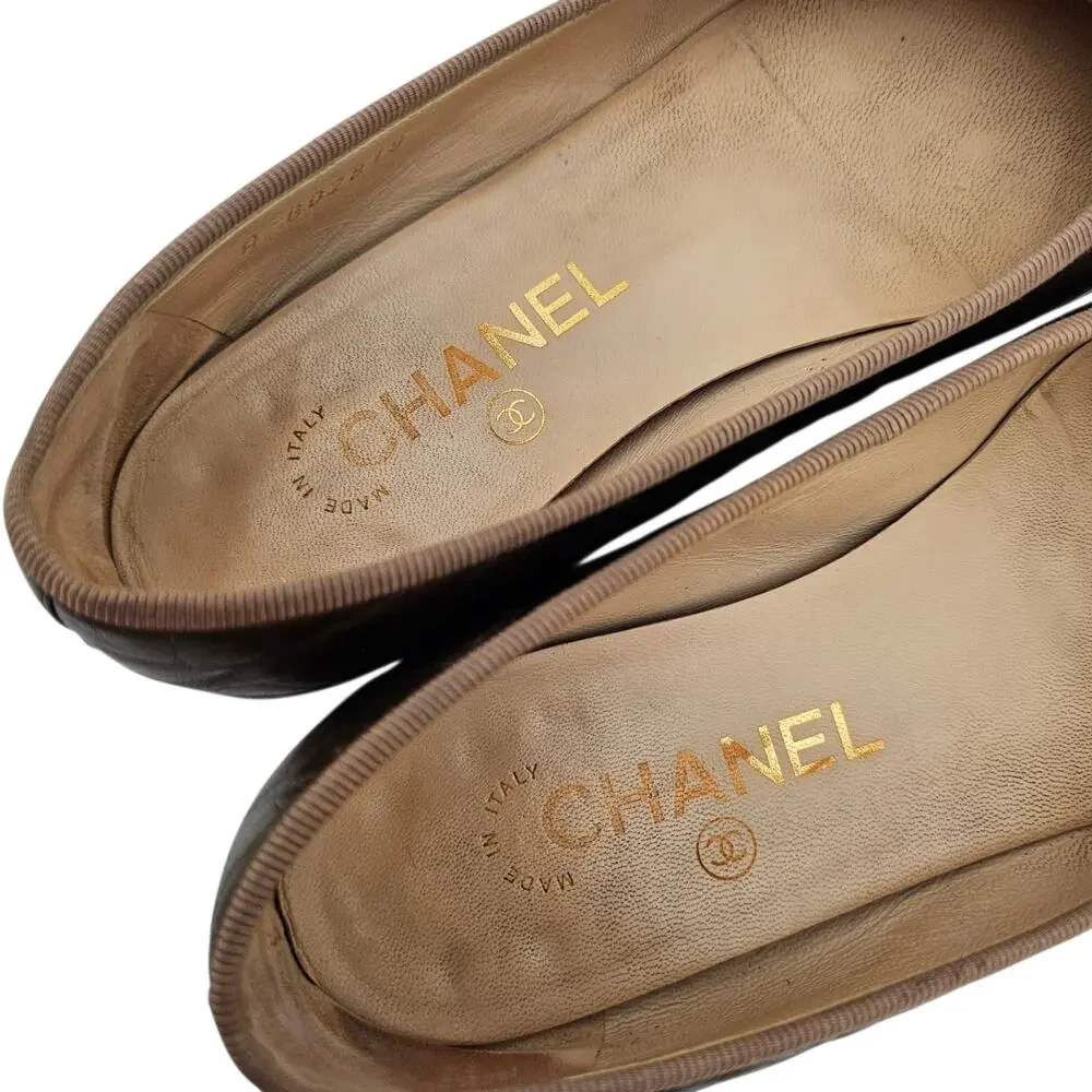 Chanel CC Cap Toe Ballet Flat Slipper Brown Bronze Leather Size 36.5 US 5.5 6